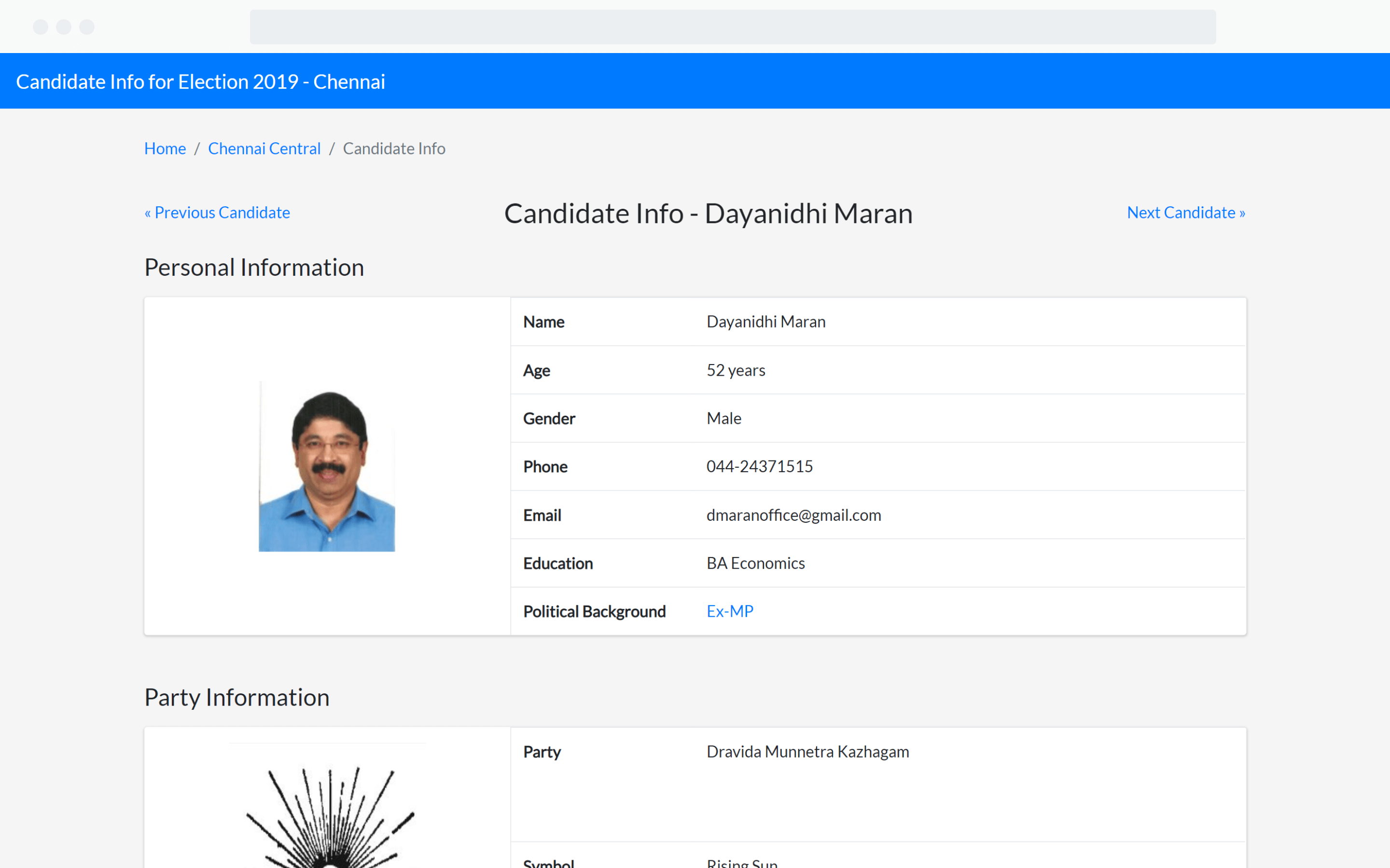 Candidate Page of Know Your Vote Site